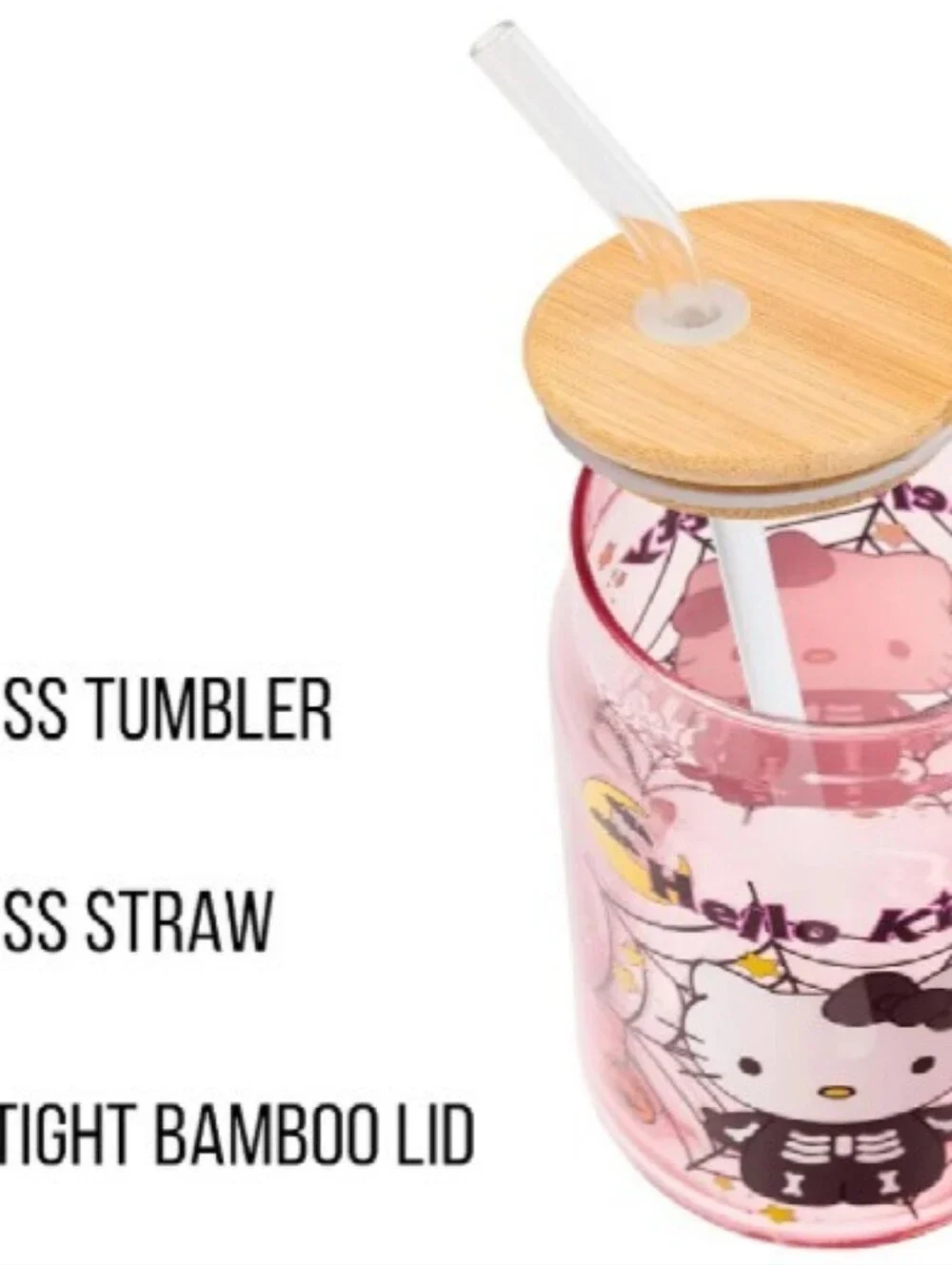 Hello Kitty Pink Halloween Glass Tumbler with Straw and Bamboo Lid